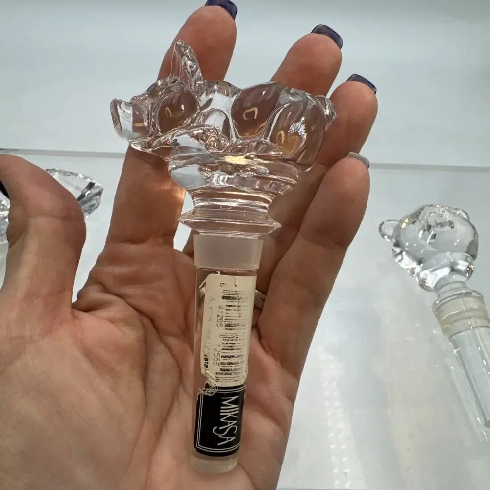 Mikasa Crystal Wine Bottle Stopper Clear Glass Set Of 3 Bear, Pig, Heart